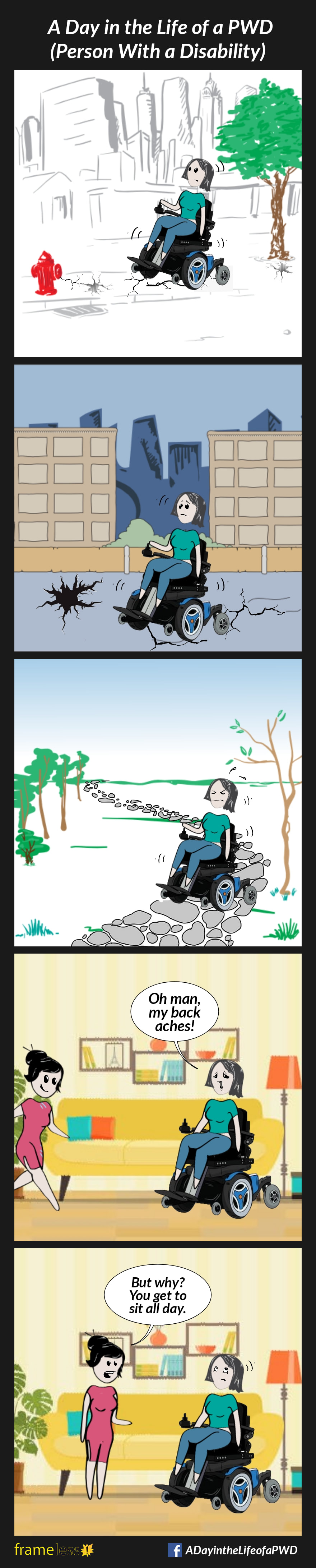 COMIC STRIP 
A Day in the Life of a PWD (Person With a Disability) 

Frame 1:
A woman in a power wheelchair is bumping along a badly maintained sidewalk. 

Frame 2:
The woman is bumping along a cracked and broken street.

Frame 3:
The woman is bumping along a cobblestone path through a park.

Frame 4:
The woman arrives at a friend's house.
WOMAN: Oh man, my back aches!

Frame 5:
FRIEND: But why? You get to sit all day.
The woman rolls her eyes.