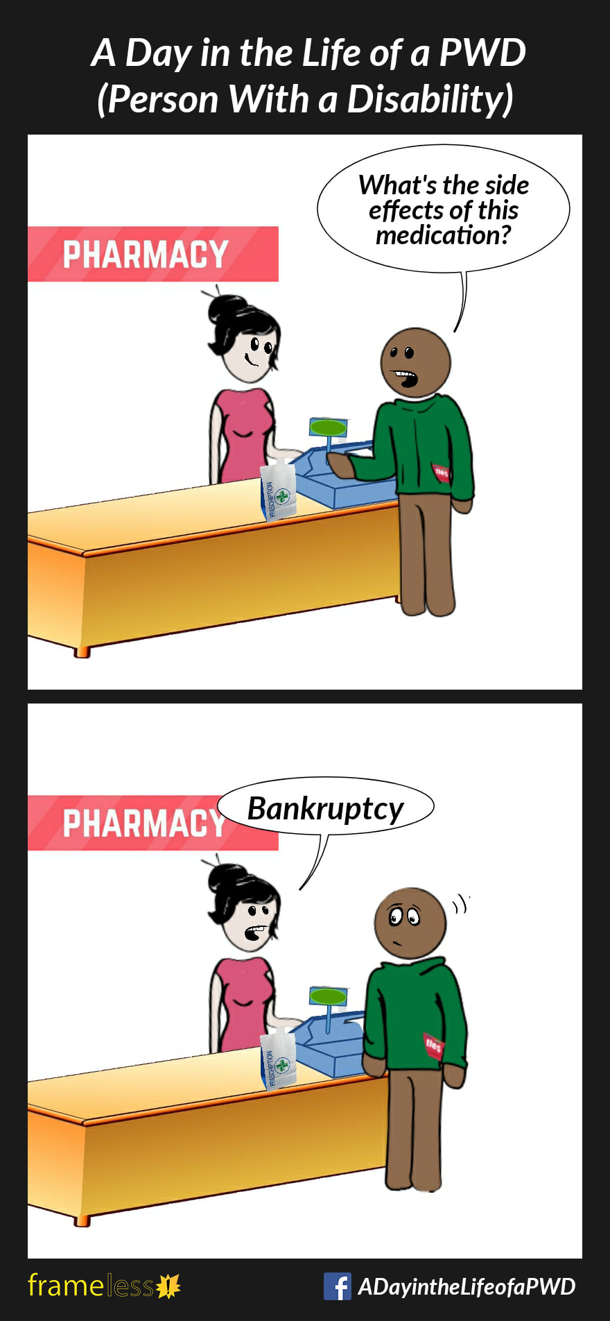 COMIC STRIP 
A Day in the Life of a PWD (Person With a Disability) 

Frame 1:
A man is at the pharmacy, picking up a new medication.
MAN: What's the side effects of this medication?

Frame 2:
PHARMACIST: Bankruptcy 
