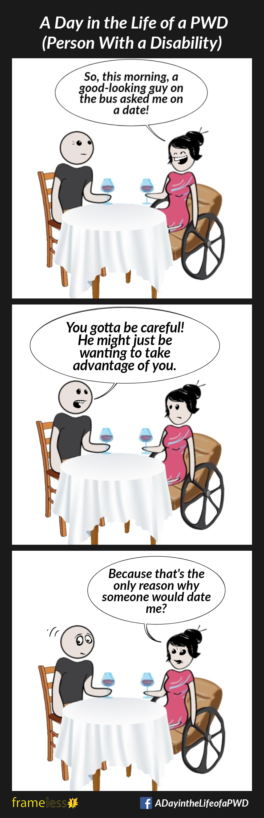 COMIC STRIP 
A Day in the Life of a PWD (Person With a Disability) 

Frame 1:
A woman in a wheelchair is sitting at a restaurant table with a male friend.
WOMAN: So, this morning, a good-looking guy on the bus asked me on a date!

Frame 2:
FRIEND: You gotta be careful! He might just be wanting to take advantage of you!

Frame 3:
WOMAN (offended): Because that's the only reason someone would date me?