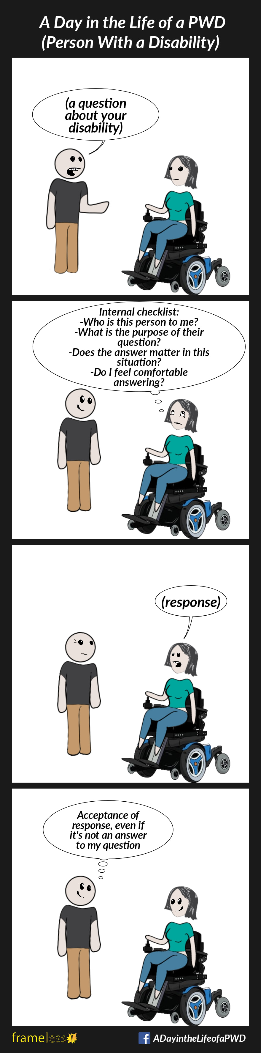 COMIC STRIP 
A Day in the Life of a PWD (Person With a Disability) 

Frame 1:
A woman in a power wheelchair is approached by a man.
MAN: (a question about your disability)

Frame 2:
WOMAN (thinking to herself): 
Internal checklist:
-Who is this person to me?
-What is the purpose of thier question?
-Does the answer matter in this situation?
-Do I feel comfortable answering?

Frame 3:
WOMAN: (response)

Frame 4:
MAN (thinking to himself): Acceptance of response, even if it's not an answer to my question 