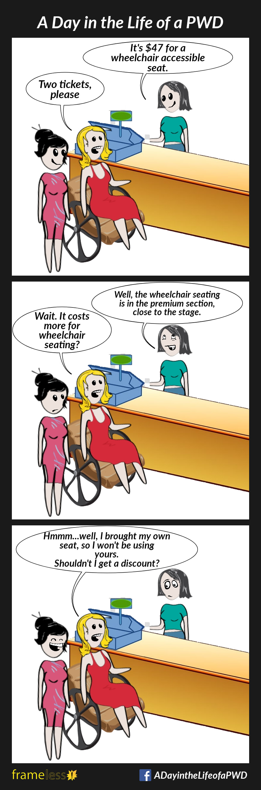 COMIC STRIP 
A Day in the Life of a PWD (Person With a Disability) 

Frame 1:
A woman in a wheelchair and her friend are at a ticket counter.
WOMAN: Two tickets please
CASHIER: It's $47 for a wheelchair accessible seat

Frame 2:
WOMAN: Wait. It costs more for wheelchair seating?
CASHIER: Well, the wheelchair seating is in the premium section, close to the stage.

Frame 3:
WOMAN: Hmmm...well, I brought my own seat, so I won't be using yours. Shouldn't I get a discount?