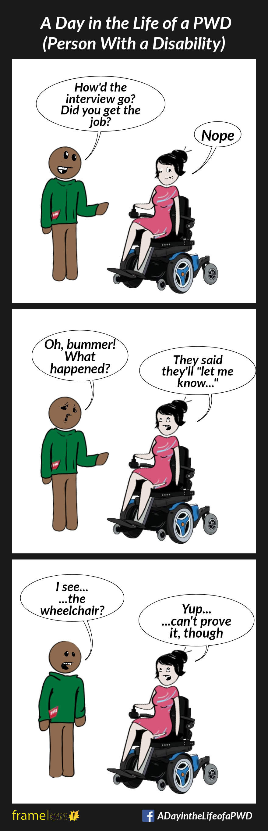 COMIC STRIP 
A Day in the Life of a PWD (Person With a Disability) 

Frame 1:
A woman in a power wheelchair is talking with a friend.
FRIEND: How did the interview go? Did you get the job.
WOMAN: Nope

Frame 2:
FRIEND: Oh, bummer! What happened?
WOMAN: They said they'll 