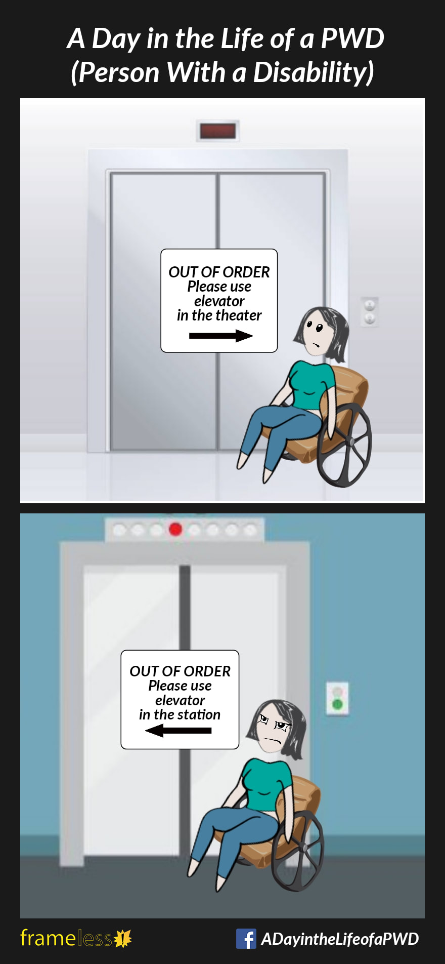 COMIC STRIP 
A Day in the Life of a PWD (Person With a Disability) 

Frame 1:
A woman in a wheelchair is at an elevator in a train station. 
A sign on the elevator reads: 

