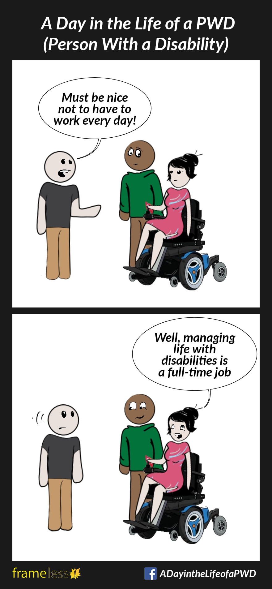 COMIC STRIP 
A Day in the Life of a PWD (Person With a Disability) 

Frame 1:
A woman in a power wheelchair and her partner are chatting with an acquaintance. 
ACQUAINTANCE: Must be nice not to have to work every day!

Frame 2:
WOMAN (rolling her eyes): Well, managing life with disabilities is a full-time job 