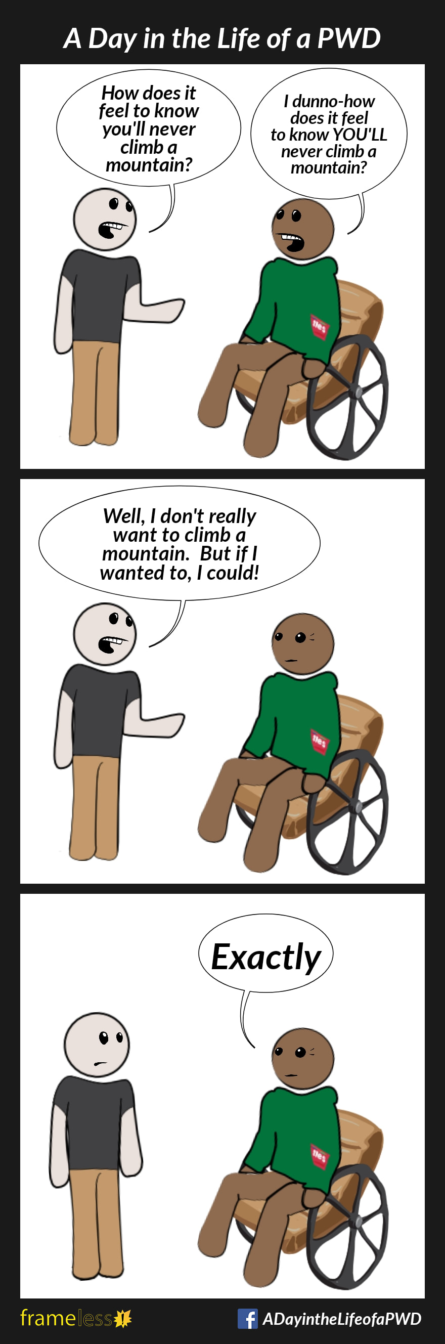 COMIC STRIP 
A Day in the Life of a PWD (Person With a Disability) 

Frame 1:
A wheelchair user is talking to another man.
MAN: How does it feel to know you'll never climb a mountain?
WHEELCHAIR USER: I dunno- how does it feel to know YOU'LL never climb a mountain?

Frame 2:
MAN: Well, I don't really want to climb a mountain. But if I wanted to, I could!

Frame 3:
WHEELCHAIR USER: Exactly