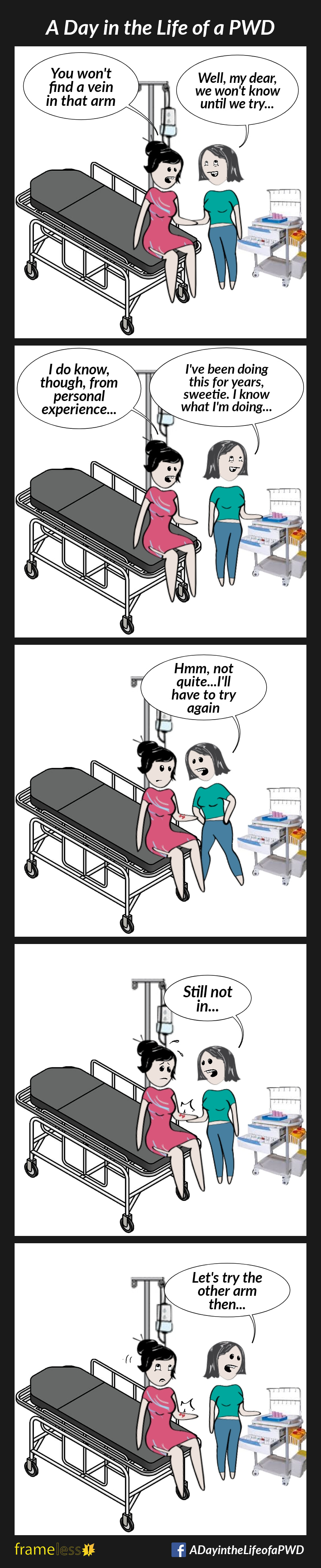 COMIC STRIP 
A Day in the Life of a PWD (Person With a Disability) 

Frame 1:
A woman is sitting on a hospital gurney. A nurse, preparing to insert an IV, is inspecting her left arm.
WOMAN: You won't find a vein in that arm.
NURSE: Well, my dear, we won't know until we try...

Frame 2:
WOMAN: I do know, though, from personal experience...
NURSE: I've been doingcthis for years, sweetie. I know what I'm doing...

Frame 3:
The nurse fails her first attempt.
NURSE: Hmm, not quite...I'll have to try again.

Frame 4:
The nurse fails her second attempt. 
NURSE: Still not in...
The woman's arm hurts now.

Frame 5:
NURSE: Let's try the other arm then...
The woman rolls her eyes.