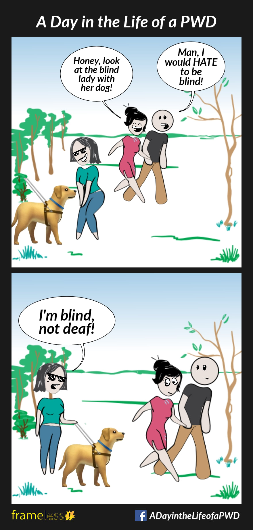 COMIC STRIP 
A Day in the Life of a PWD (Person With a Disability) 

Frame 1:
A woman wearing dark glasses is in a park with her guide dog. A couple passes by them.
WIFE: Honey, look at the blind lady with her dog!
HUSBAND: Man, I would HATE to be blind!

Frame 2:
WOMAN (to the couple): I'm blind, not deaf!