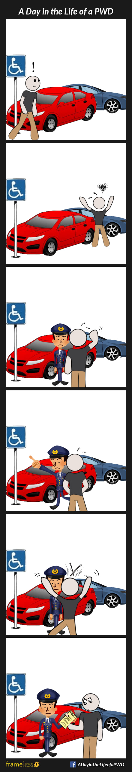 COMIC STRIP 
A Day in the Life of a PWD (Person With a Disability) 

Frame 1:
A man returns to his car, which is parked in an accessible stall without a permit.
He notices his car is blocked in by another vehicle.

Frame 2:
The man investigates, and becomes furious.

Frame 3:
The man complains to a police officer.

Frame 4:
Irritated, the officer points to the accessible parking sign.

Frame 5:
The man rages.

Frame 6:
The officer hands the man a ticket.