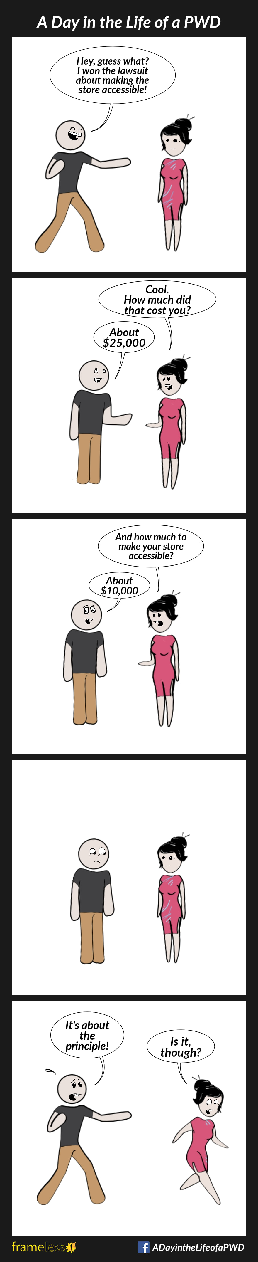 COMIC STRIP 
A Day in the Life of a PWD (Person With a Disability) 

Frame 1:
A woman is approached by a man.
MAN: Hey, guess what? I won the lawsuit about making the store accessible!

Frame 2:
WOMAN: Cool. How much did that cost you?
MAN: About $25,000

Frame 3:
WOMAN: And how much to make your store accessible?
MAN: About $10,000

Frame 4:
The woman stares at the man in uncomfortable silence

Frame 5:
MAN (desperately): It's about the principle!
WOMAN (walking away): Is it, though?