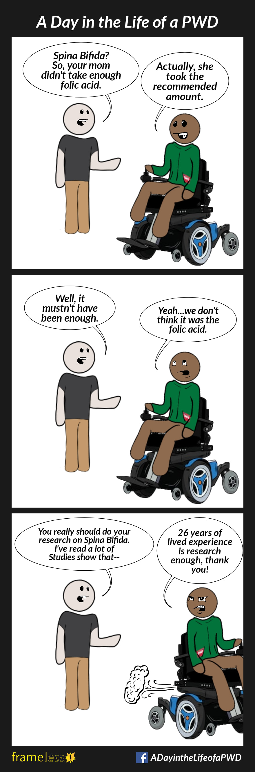 COMIC STRIP 
A Day in the Life of a PWD (Person With a Disability) 

Frame 1:
A power wheelchair user is talking with another man. 
MAN: Spina Bifida? So, your mom didn't take enough folic acid.
WHEELCHAIR USER: Actually, she took the recommended amount.

Frame 2:
MAN: Well, it mustn't have been enough.
WHEELCHAIR USER (rolling eyes): Yeah...we don't think it was the folic acid.

Frame 3:
MAN: You really should do your research on Spina Bifida. I've read a lot studies that show that...
WHEELCHAIR USER (rolling away, irritated): 26 years of lived experience is research enough, thank you!