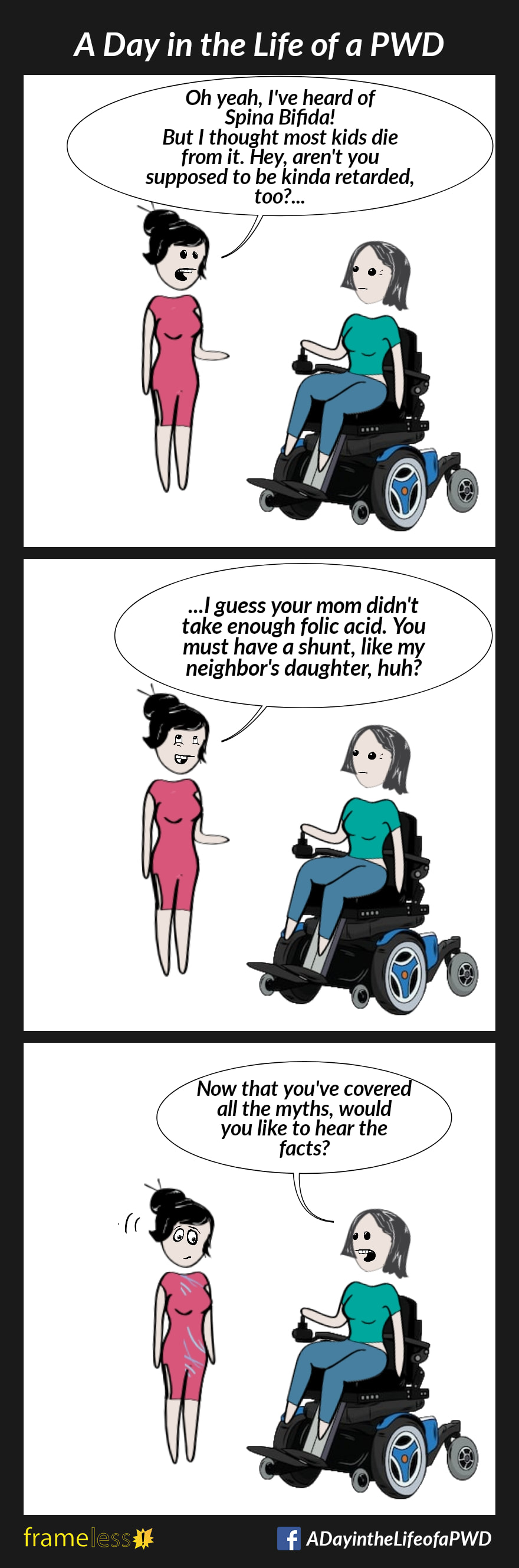 COMIC STRIP 
A Day in the Life of a PWD (Person With a Disability) 

Frame 1:
A woman in a power wheelchair is talking with an acquaintance. 
ACQUAINTANCE: Oh yeah. I've heard of Spina Bifida! But I thought most kids die from it. Hey, aren't you supposed to be kinda retarded, too?...

Frame 2:
ACQUAINTANCE: ...I guess your mom didn't take enough folic acid. You must have a shunt, like my neighbor’s daughter, huh?

Frame 3:
WOMAN: Now that you've covered all the myths, would you like to hear the facts?