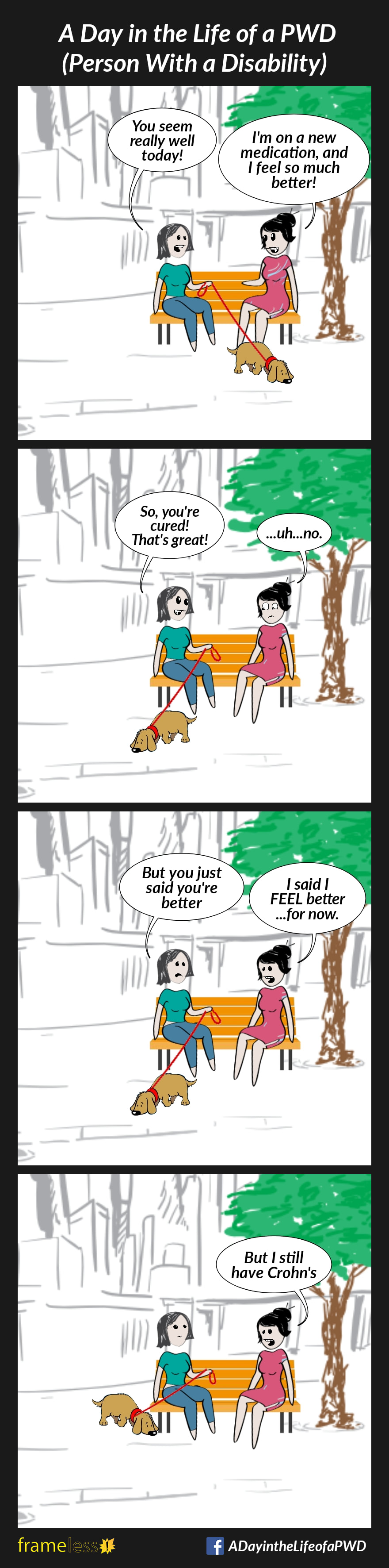 COMIC STRIP 
A Day in the Life of a PWD (Person With a Disability) 

Frame 1:
A woman and her friend are sitting on a bench beside a tree. The friend has a dog on a leash.
FRIEND: You seem really well today!
WOMAN: I'm on a new medication, and I feel much better!

Frame 2:
FRIEND: So, you're cured! That's great!
WOMAN: ...uh...no.

Frame 3:
FRIEND: But you just said you're better
WOMAN: I said I FEEL better...for now.

Frame 4:
WOMAN: But I still have Crohn's