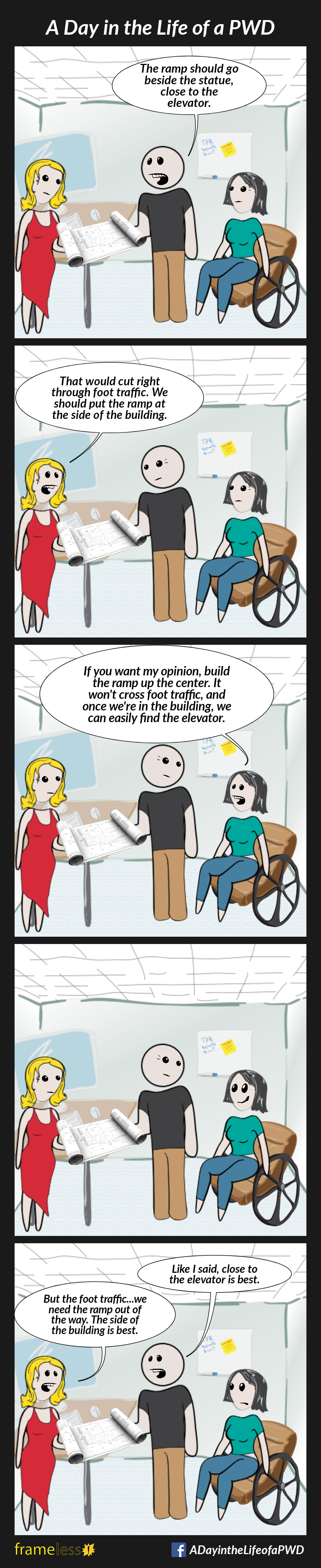 COMIC STRIP 
A Day in the Life of a PWD (Person With a Disability) 

Frame 1:
A woman in a wheelchair is in a classroom with a man and another woman. They are studying some blueprints.
MAN: The ramp should go beside the statue, close to the elevator.

Frame 2:
WOMAN: That would cut right through foot traffic. We should put the ramp at the side of the building.

Frame 3:
WHEELCHAIR USER: If you want my opinion, build the ramp up the center. It won't cross foot traffic, and once we're in the building, we can easily find the elevator. 

Frame 4:
The man and woman pause for a moment, staring at the wheelchair user.

Frame 5:
MAN (to woman): Like I said, close to the elevator is best.
WOMAN: But the foot traffic...We need the ramp out of the way. The side of the building is best.