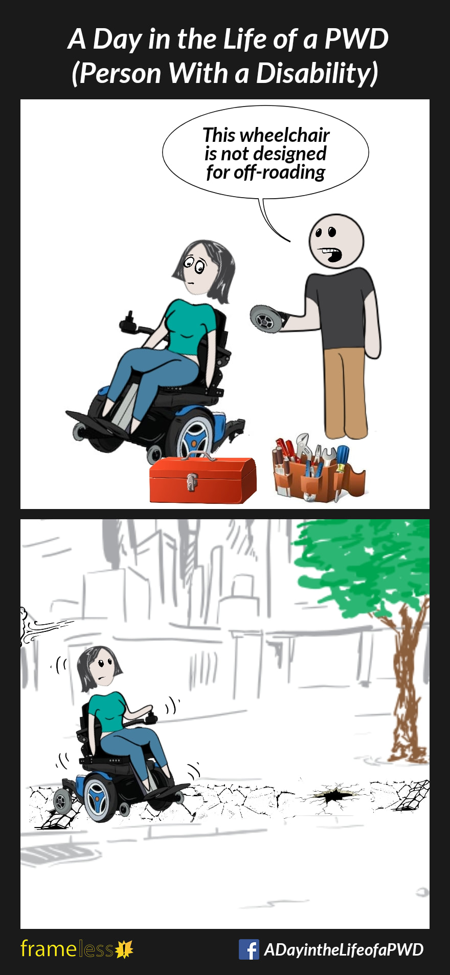COMIC STRIP 
A Day in the Life of a PWD (Person With a Disability) 

Frame 1:
A woman is having the rear wheel on the power wheelchair repaired by a technician. 
TECHNICIAN: This wheelchair is not designed for off-roading

Frame 2:
Later, the woman is traveling down a sidewalk. The sidewalk is in poor condition, with cracks, holes, and broken sections. 