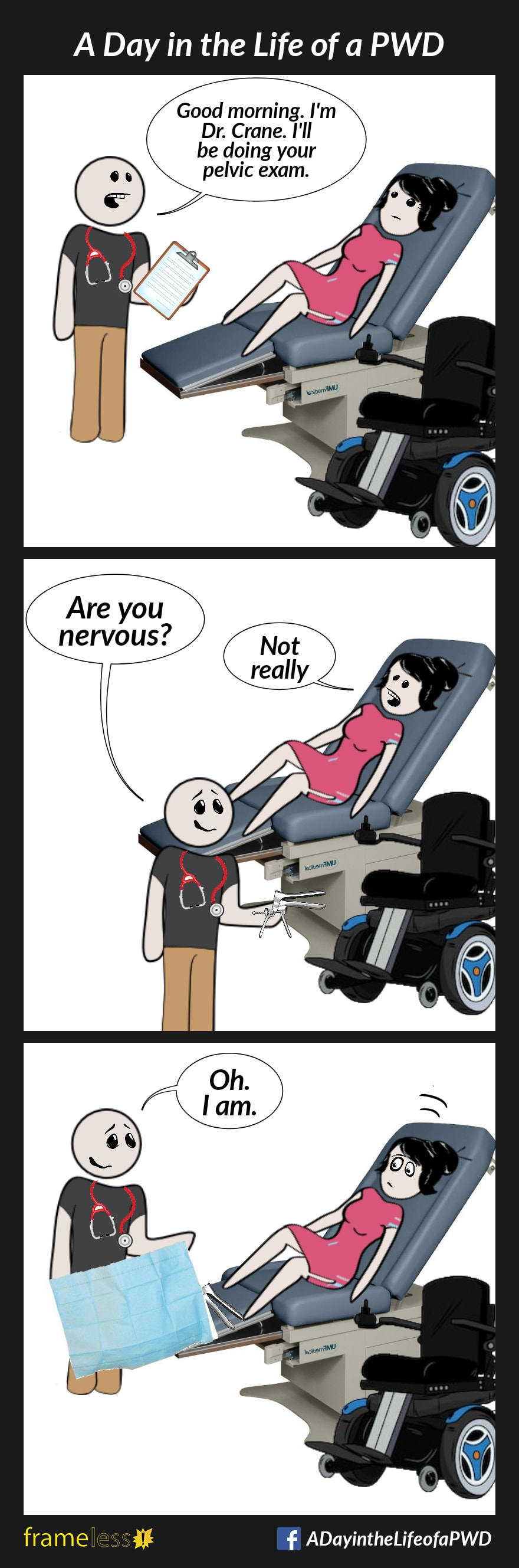 COMIC STRIP 
A Day in the Life of a PWD (Person With a Disability) 

Frame 1:
A woman who uses a power wheelchair is laying on an exam table, talking with a doctor.
DOCTOR: Good morning. I'm Dr. Crane. I'll be doing your pelvic exam.

Frame 2:
DOCTOR (preparing equipment for exam): Are you nervous?
WOMAN: Not really

Frame 3:
DOCTOR: Oh. I am.