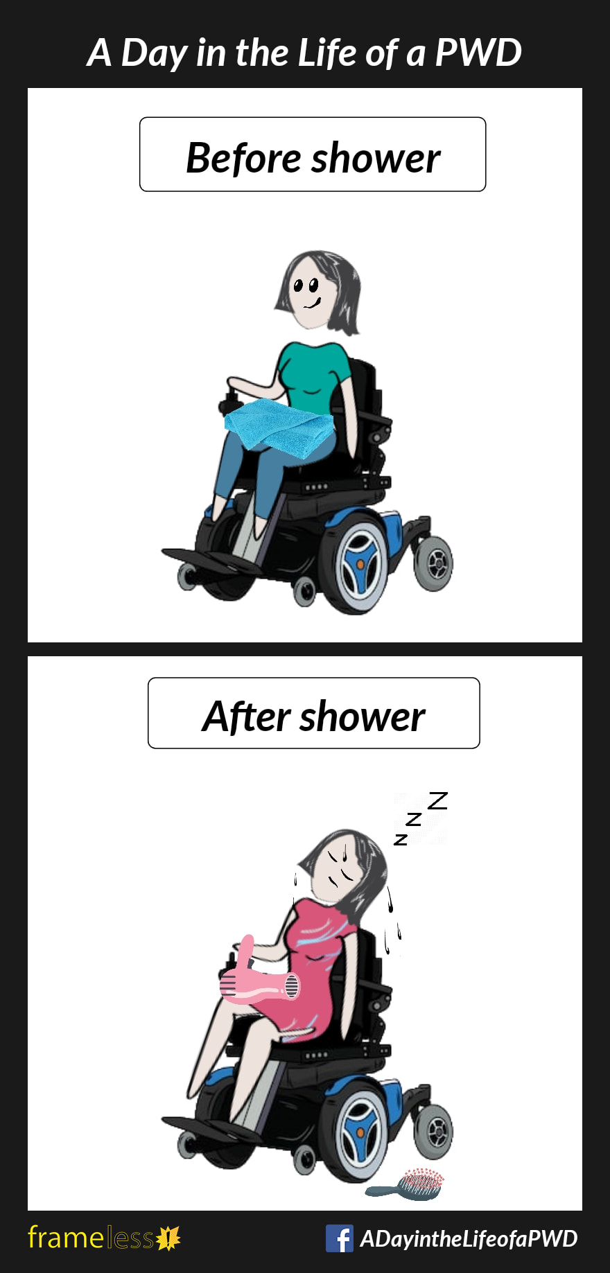 COMIC STRIP 
A Day in the Life of a PWD (Person With a Disability) 

Frame 1:
CAPTION: Before shower
A smiling woman in a power wheelchair carries a towel in her lap.

Frame 2:
CAPTION: After shower
The woman is fast asleep in her chair with a hair dryer on her lap. Her hair is still wet and her brush has fallen to the floor.
