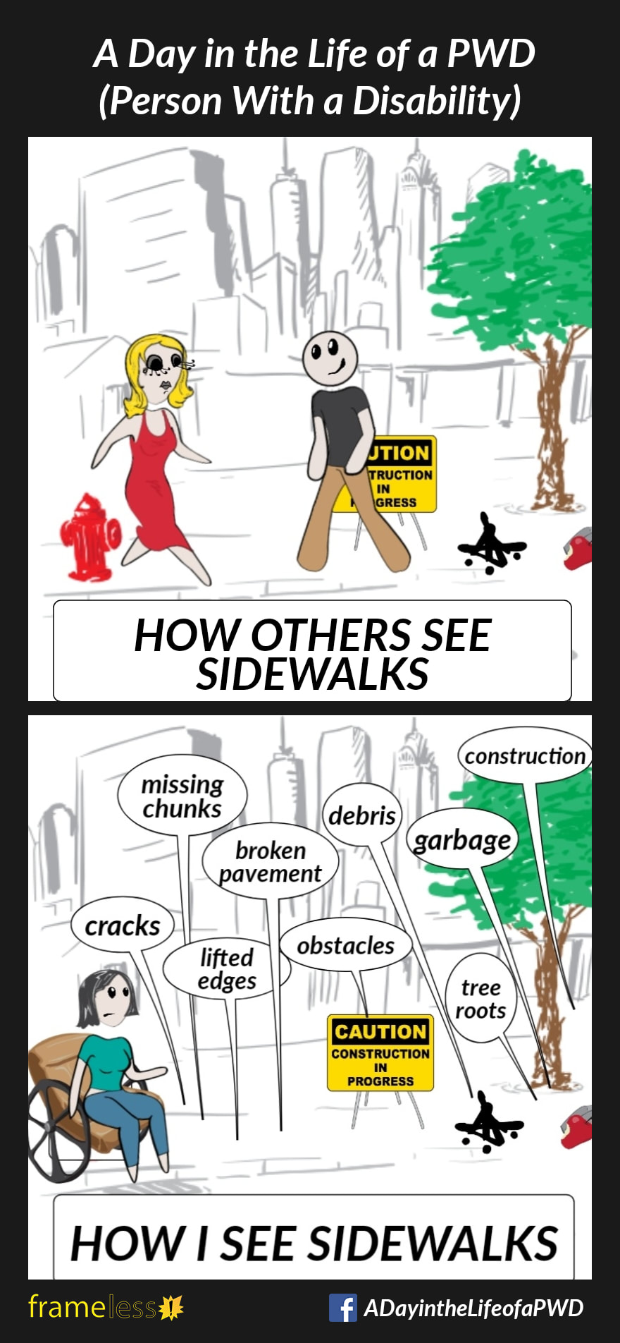 COMIC STRIP 
A Day in the Life of a PWD (Person With a Disability) 

Frame 1:
CAPTION: How Pedestrians See Sidewalks 
A typical sidewalk with a construction sign and debris on it. Pedestrians are walking around the obstacles. 

Frame 2:
CAPTION: How I See Sidewalks 
A woman in a wheelchair is looking at the sidewalk. There are arrows pointing to the various issues, listing them:
-cracks
-missing chunks
-lifted edges
-broken pavement
-debris
-obstacles
-tree roots
-garbage
-construction