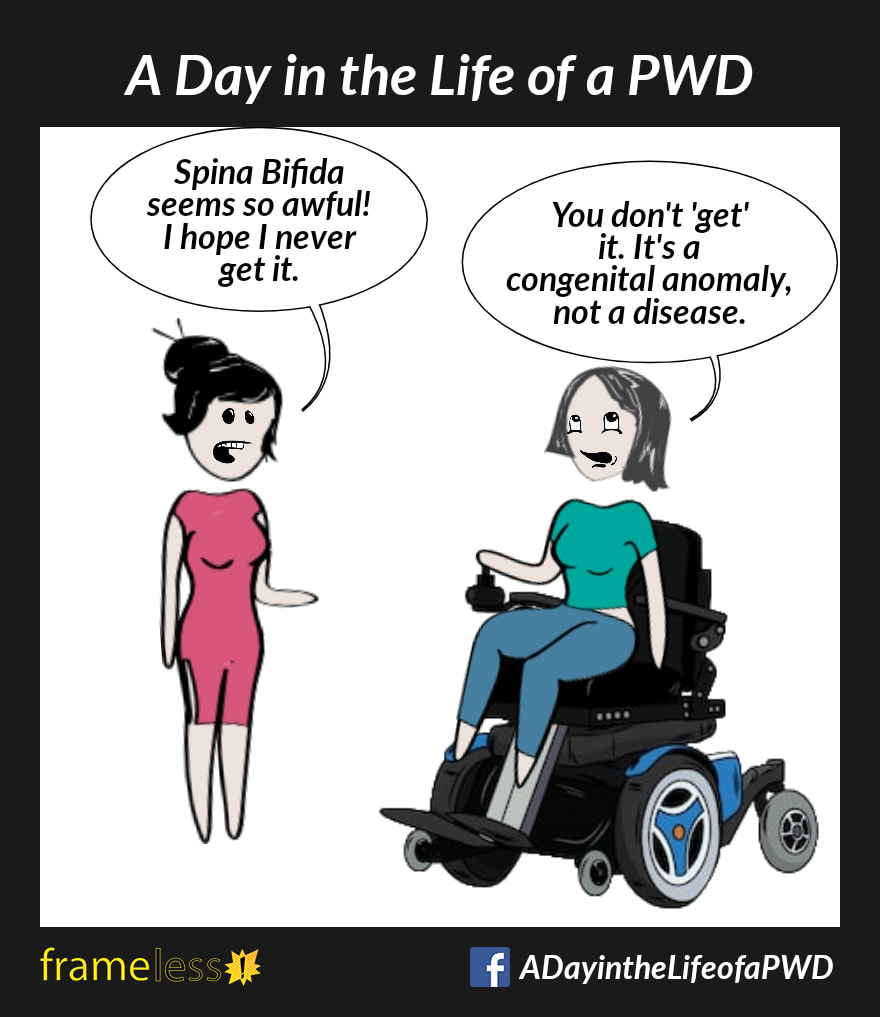COMIC STRIP 
A Day in the Life of a PWD (Person With a Disability) 

A woman in a power wheelchair is talking to an acquaintance. 
ACQUAINTANCE: Spina Bifida seems so awful! I hope I never get it.
WOMAN (rolling eyes): You don't 'get' it. It's a congenital anomaly, not a disease.