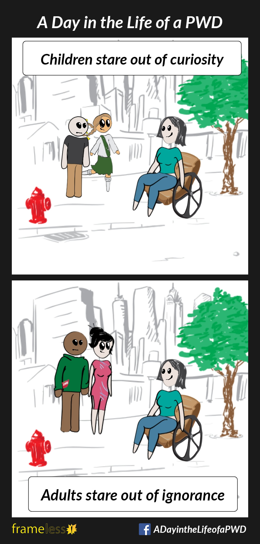 COMIC STRIP 
A Day in the Life of a PWD (Person With a Disability) 

Frame 1:
CAPTION: Children stare out of curiosity 
A woman in a wheelchair is traveling down a sidewalk. A pair of children stare at her.

Frame 2:
CAPTION: Adults stare out of ignorance 
The woman is traveling down a sidewalk. A pair of adults stare at her.